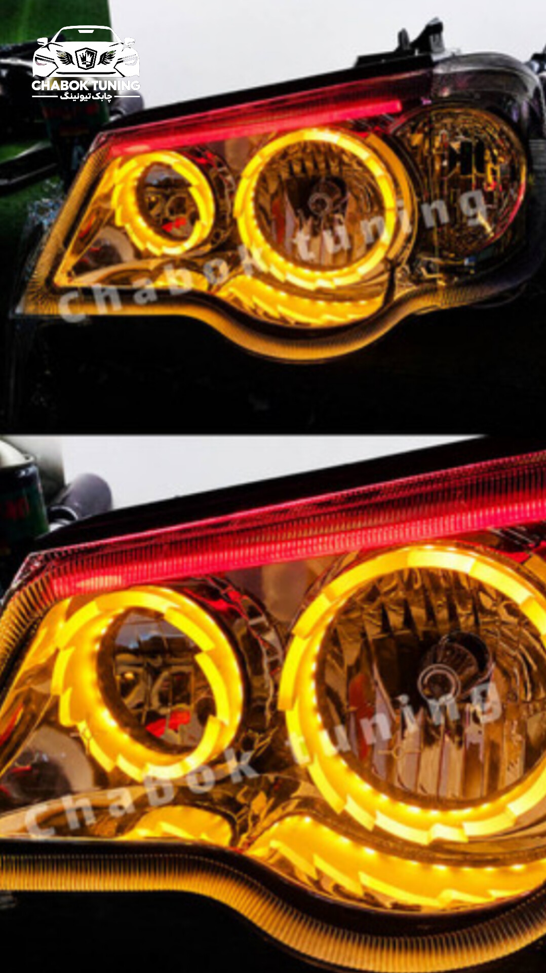 چراغ جلو پراید 132/111طرح رینگ آتیشی انبه  ابرو قرمز  داخل کروم